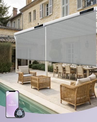 Graywind Electric Outdoor Roller Blind, Vertical Awning, Waterproof UV Protection, Smart Sun Protection Blind, Solar Powered Balcony Roller Blind with Remote Control, Compatible with Alexa Google (100