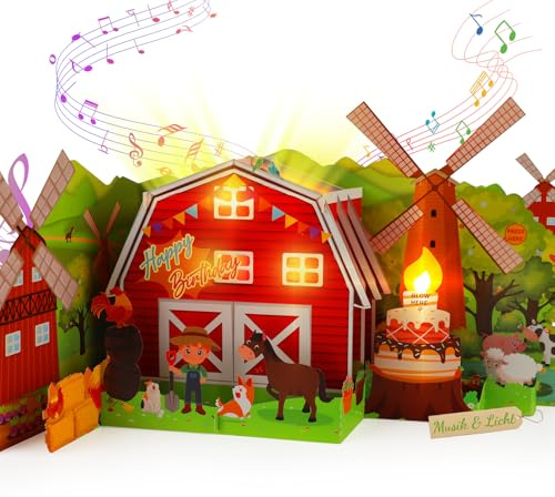 Musik-Geburtstagskarte für Kinder, 3D Bauernhof Pop-Up Geburtstagskarte mit Musik & Licht & Kerzenausblasen, Happy Birthday Singende Karte Geburtstag für Kinder Mädchen Jungen