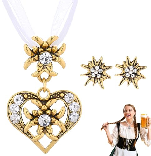 OUDQFCJ 3 Stück Trachtenschmuck Set Bayerisch schmuck Trachtenkette mit Strass Gold Herz Anhänger und Gold Ohrstecker für Damen Bierfest Trachten Outfit Accessoires(weiß)