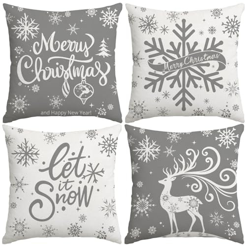 Miaikoe Frohe Weihnachten Kissen Abdeckungen 45x45cm Schneeflocken Lassen Sie es Schnee Elch Winterurlaub graue Kissenfälle für Weihnachten Urlaub Coach Sofa Dekorationen Set von 4