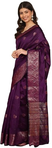 Banarasi Silk Saree for Women with Zari Work & Unstitched Brocade Blouse – Elegant Indian Ethnic Wear for Weddings & Parties (PURPLE)
