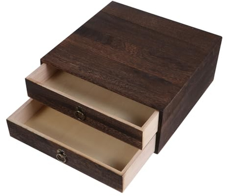 LOLIPPYY Retro Schreibtisch Organizer Holz mit 2 Ebenen Schublade mit Zugring Aufbewahrungsbox für Schreibtischzubehör Vintage Stil