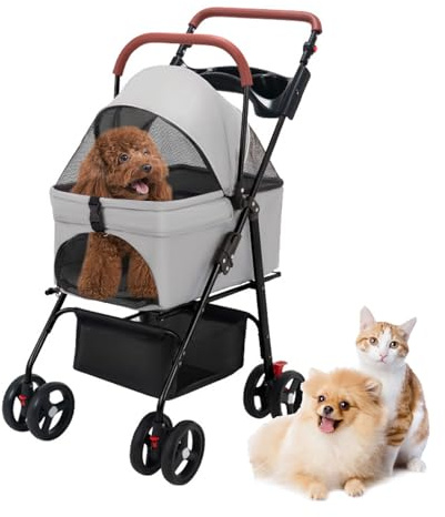 Hundewagen 4-Rad Hundebuggy Katzenwagen faltbar – Leichter Transportwagen für Hunde bis 12 kg & Katzen, Outdoor Reisewagen mit Atmungsaktivem Netz, Getränkehalter (A)