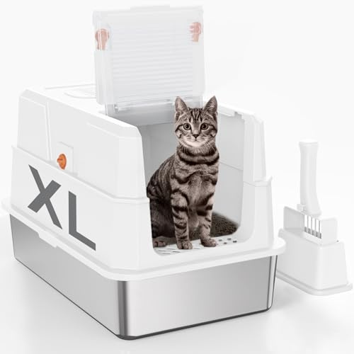 SZEE XL Edelsthal Katzenklo mit 180° Klappdeckel, Große Geschlossene Katzentoilette Edelstahl mit Deckel, Stainless Steel Cat Litter Box with Scoop-59x38x38cm, Weiß
