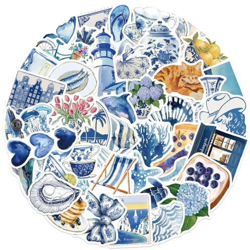 50 Pcs Blue Aesthetic Stickers for Kids Teens Adults Boys Girls Gift,Y2K Stickers Pack for Laptop,Skateboard,Luggage,Car,Bike,Cup,Computer,Water Bottle Decor,Vinyl Waterproof Decals