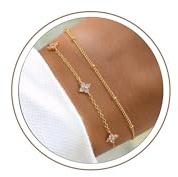Turandoss 2 Stück Armband Gold Damen-14K Vergoldet Blumen Kleeblatt Armband | Filigranes Zirkonia Kleeblatt/Blumen/Evil Eye Armbänder Set Verstellbare Layered Armkette Schmuck Geschenk für Frauen Mädchen