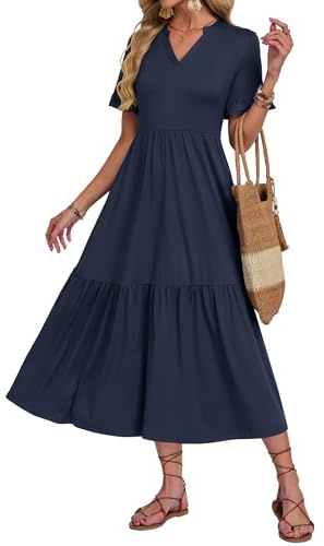 AUSELILY Robe Ete Femme Longue Col V Manches Courtes | Robe Plage Longue Col V Manches Courtes Volantées Taille Empire Étagée Fluide Chic Décontractée Été avec Poches Latérales