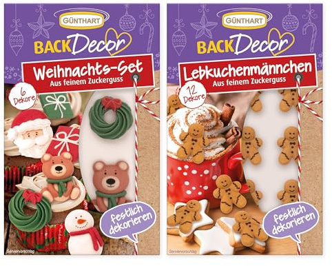 Günthart Zuckerdekor Weihnachten Set 29g – Lebkuchenmännchen (12 Stk.) & Weihnachtsdekor (6 Stk.) zum Verzieren von Plätzchen, Cupcakes, Kuchen & Torten – essbare Weihnachtsdeko für festliches Backen
