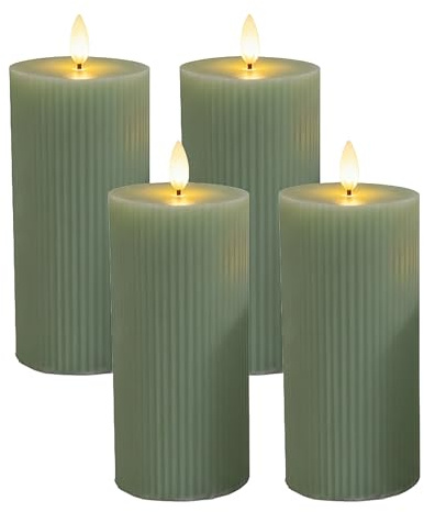 Relaxdays LED Kerzen, 4er Set, HxD: 18 x 7,5 cm, flackernde Flamme, Echtwachs, Rillen, flammenlose Blockkerzen, Salbei