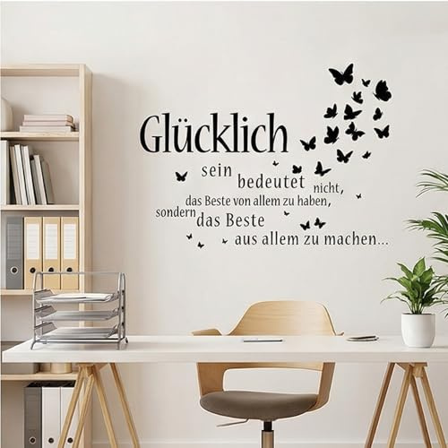 Zyrtkeriom Wandtattoo „Glücklich“ – schwarzer selbstklebender Spruch-Wandsticker, Wanddeko für Schlafzimmer, Wohnzimmer und Küche, modernes Heimdesign