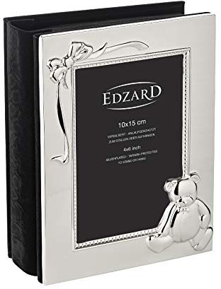 EDZARD Kinder Fotoalbum Teddybär für 100 Fotos (10x15 cm) versilbert | anlaufgeschützt, schwarze Seiten, Babyalbum, Geschenkidee, Geschenk Taufe, Erinnerungsalbum