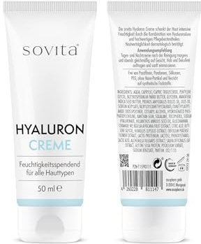 sovita Hyaluron Creme | Straffende Tages- & Nachtcreme mit Hyaluronsäure, Konjac Mannan & Milchproteinen | Feuchtigkeitspflege für jeden Hauttyp (50 ml)