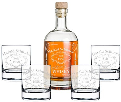 polar-effekt 5-TLG Geschenk-Set mit Gravur - Whiskyflasche und 4 Whiskygläser - Glas-Karaffe Inhalt: 700ml - Geschenkidee für Männer - Motiv Quality Whisky