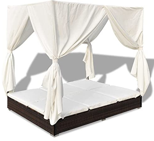 vidaXL Sonnenliege Poly Rattan Gartenliege Doppelliege Relaxliege Vorhängen