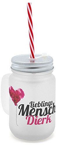 printplanet® - Trinkglas mit Henkel und Strohhalm - Bedruckt mit Namen Dierk Layout Lieblingsmensch - Henkel-Glas satiniert mit Deckel und Mehrweg-Trinkhalm