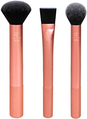 Real Techniques Flawless Base Makeup Brush Kit 2.0, Face Brush Set for Liquid, Cream, & Powder Products, Bronzer & Foundation, Streak Free Makeup Application, Soft Synthetic Brushes, 3 Piece Set