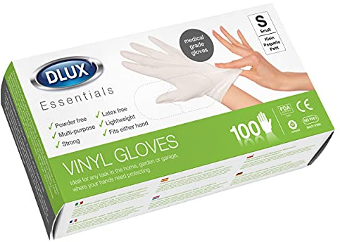 Dlux Vinyl Disposable Gloves Powder Free Medical Grade Size Small (100)