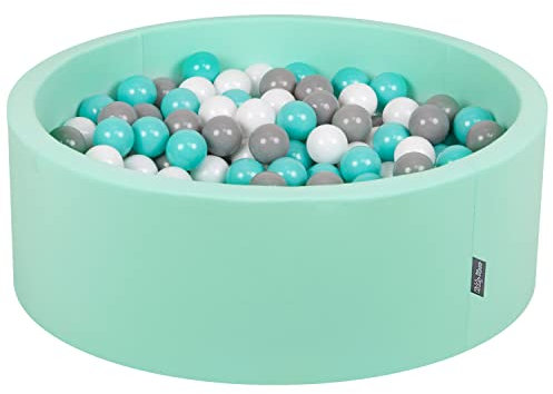 KiddyMoon OK30D-117 Bällebad 90X30cm/200 Bälle ∅ 7Cm Bällepool Mit Bunten Bällen Für Babys Kinder Rund, Mint:Weiß-Grau-Helltürkis
