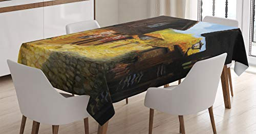 ABAKUHAUS Rustikal Tischdecke, Holzhäuser im Herbst, Für den Inn und Outdoor Bereich geeignet Waschbar Druck Klar Kein Verblassen, 140 x 240 cm, Braun Blau