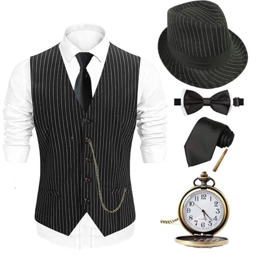 EFORLED 1920er-Jahre-Kostüm, Fedora-Hut, Gatsby-Gangster-Weste, Vintage-Taschenuhr, vorgebundene Fliege, Krawatte