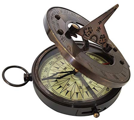 Antiker Sonnenuhr-Kompass, magnetisches Werkzeug, Messing-Finish, massives Messing, Schiffe, Navigation, nautische Tasche, tragbares Gerät