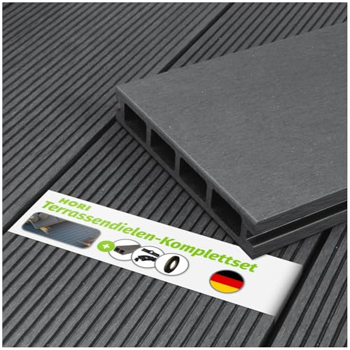 HORI WPC-Terrassendiele Kuba grau Hohlkammer, Komplettset inkl. 40x60 mm Unterkonstruktion & Clips, wetterfest, pflegeleicht & UV-beständig Fläche: 5 m² - 2,30 m Dielenlänge