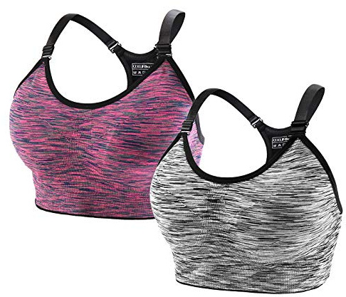 QXURkut 2 Pezzi Reggiseno Sportivo Donna Alto Impatto, Regolabile Push Up Reggiseni Sport Bra Senza Ferretto Senza Cuciture con Imbottito per Yoga Fitness Running (Nero Viola, L)