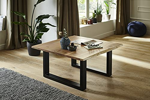SAM Couchtisch 80 x 80 cm Quintus, echte Baumkante, massiver Beistelltisch aus Akazienholz, naturfarben, Metallgestell schwarz