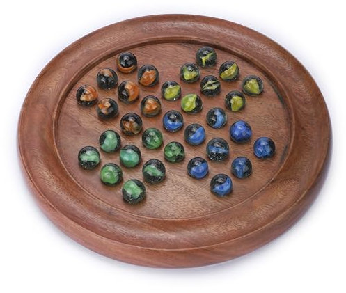 Ajuny Classic Solitaire Handgefertigtes Brettspiel aus Holz mit 4 Farbigen Murmeln, lustige Tischspiele im indischen Vintage Design – ideal für Familienspaß und als Dekoration für das Zuhause