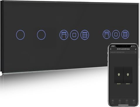 BSEED WiFi Interruptor Persiana Doble con Interruptor Negro,2 Gang 1 Vía Interruptor de Pared Compatible con Alexa y Google Home, Control por APP o Voz, Función de Temporizador, Requiere Cable Neutro