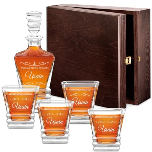 Maverton 800 ml Whisky Karaffe + 4 / 6er Whiskygläser Set mit Gravur - Whisky Dekanter aus Kristallglas - Whiskey Dekanter Set für Männer zum Geburtstag - zum Vatertag - Weihnachtsstimmung