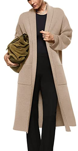 Womens Long Sleeve Maxi Cardigan Open Front Oversized Knitted Sweater Coat Casual Lapel Warm Overcoat with Pockets, Beige, Small