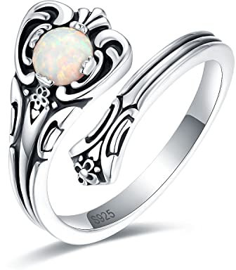 STROLLGIRL S925 Sterling Silver Opal Spoon Ring Boho Ring Adjustable Wrap Spoon Ring Vintage Opal Promise Ring, s925, Opal