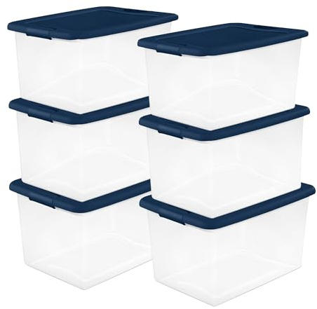 Sterilite 6-Pack Color Program, Large Clear Plastic Storage Bins with Lids, 64 Quart, Blue - Stackable Organizing Container Boxes for Closet, Bathroom, and Office