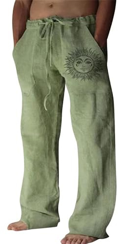 Litthing Pantalones de Lino para Hombre Pantalon de Jogging Algodón Pants Casuales de Verano con Bolsillos Holgados con Cordón Pant Cómodos y Ligeros