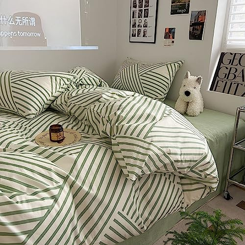 GETIYA Grün Gestreift Bettwäsche 200x220 3Teilig Baumwolle Bettwäsche Streifen Geometrische Bettwaesche Mädchen Damen Bettbezug Doppelbett mit Reißverschluss und 2 Kissenbezug 80x80