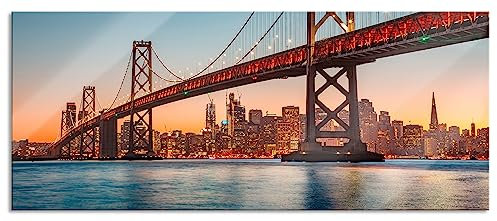 Pixxprint Glasbild Panorama, Wandbild aus Echtglas, Oakland Bay Brücke bei Sonnenuntergang, 120x50 cm, inkl. Aufhängung und Abstandshalter