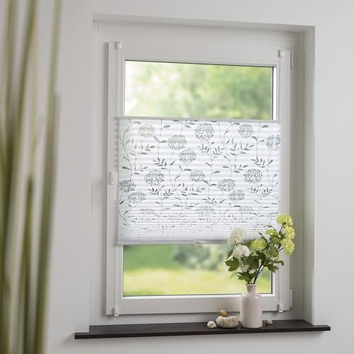 Klemmfix-Plissee mit ausgebranntem Blumen-Motiv, halbtransparent, ohne Bohren oder Schrauben, inkl. Klemmträger, Breite: 55 cm/Länge: 130 cm, Farbe: weiß