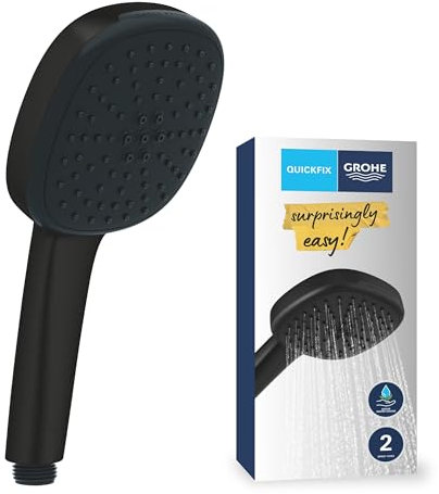 GROHE Vitalio Comfort 110 QuickFix - Hand Shower (Square 11 cm Shower Head, 2 Sprays: Rain & Jet, Anti-Limescale System, Water Saving, Silicone Ring, Universal Mounting System), Matt Black, 263972431