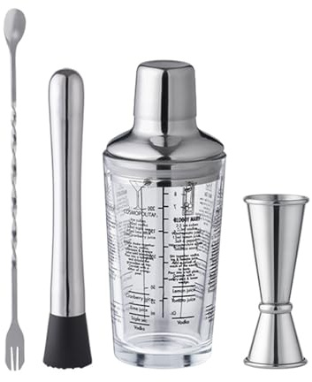 Jarsense 4Pcs Cocktail Shaker Set, 350ml Stainless Steel Glass Cocktail Shaker, 20ml/40ml Double Measuring Jigger, Cocktail Muddler and Mixing Spoon, Bar Accessories Kit for Cocktails Mojito Drinks