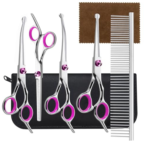 SUPERFA 6 in 1 Dog Grooming Scissors, 4CR Stainless Steel Professional Dog Scissors Set with Curved Thinning for Small Medium Large Pet