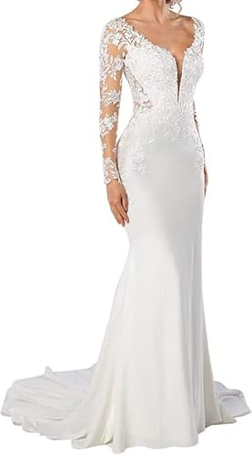 TAIGUHUI Abiti da Sposa Ufficio Registro Civile Abiti da Sposa Sirena Lungo Pizzo Abito da Sposa con Treno, Avorio, 52