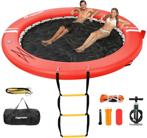 FBSPORT Circular Mesh Dock Round Floating Ring Inflatable Water Hammock Heavy Duty River Floats Lake Raft 8ft for Adults Tanning Pool Lounger Float Island Platform Pad Mat for Party- Coral Pink