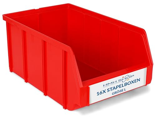 Stapelboxen der Größe L 335x209x152mm für dein Kleinteilelager, Sortierkisten in 5 Farben, Zubehör wie Deckel Trennsteg Beschriftungsfach Wandschiene (Rot, 16 Stück)