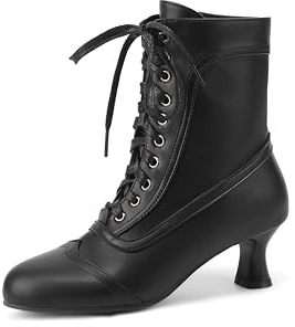 Voviggiw Damen Viktorianische Stiefel Schnüren Knöchel Stiefel Runde Zehen Kitten Heel vintage Stiefelettens Side Reißverschlussper Black Große 38