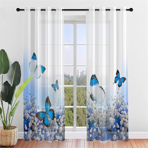 Odot Halbtransparente Vorhänge, 3D Schmetterling Muster Voile Vorhang mit Ösen 2er Set Gardinen Vorhang Ösenvorhang Fensterschal Moderne Vorhänge Fenster (107x213cm,Blau Schmetterling)
