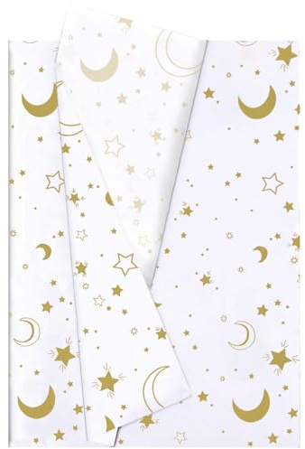 Jwssor Seidenpapier mit Sternmondmotiv, 20 Blatt Weißgold, 50,8 x 35,6 cm, Weihnachts-Geschenkpapier, weißgoldener Stern für Weihnachten, Hochzeit, Geburtstag, DIY Handwerk