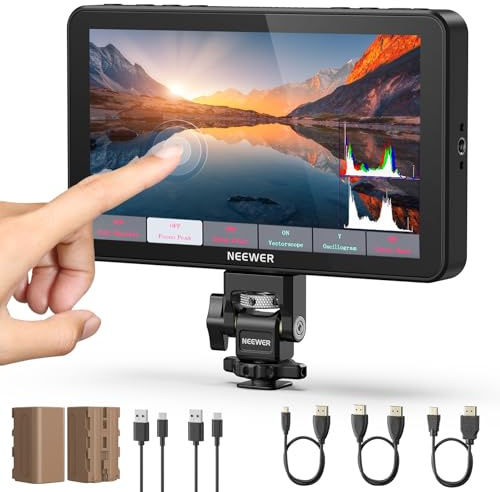 NEEWER F700 7 Camera Field Monitor, 2000nit HD 1920x1080 IPS Touch Screen with 3D LUT, 4K HDMI Loop in/Out with Peak Focus DSLR Video Assist HDR Waveform, Cold Shoe Mount, 2 NP-F750 Batteries & Cable