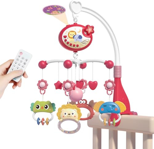 Aolso Móvil Musical para Cuna de Bebé,Colgante Para Cochecito Con Campana,Mando a distancia Móvil de cuna con proyección & Función de tiempo,Bebé Móvil para Cuna,Sonajeros para animales, Estrella-Rojo