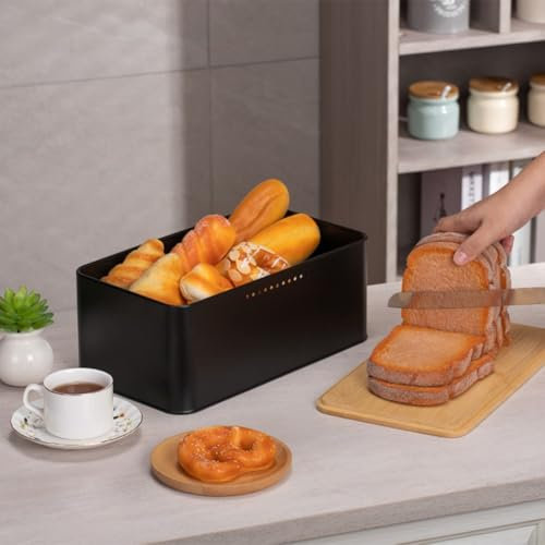 Belle boîte à pain avec couvercle en bois pour votre comptoir de cuisine, boîte à pain avec couvercle en bois pour plan de travail de cuisine, couvercle de planche à découper de qualité (noir)